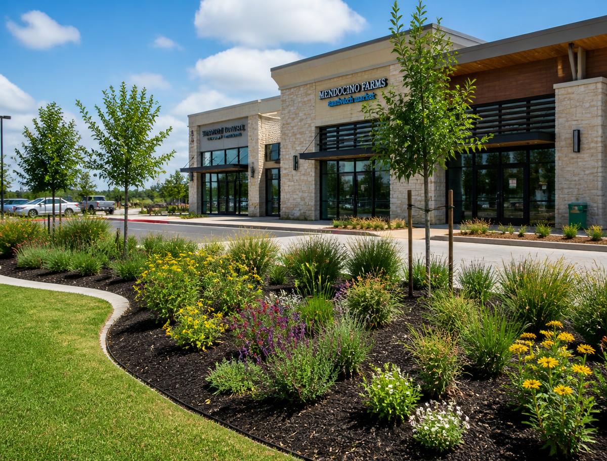 Redone flower bed with native plantings in front of a retail center