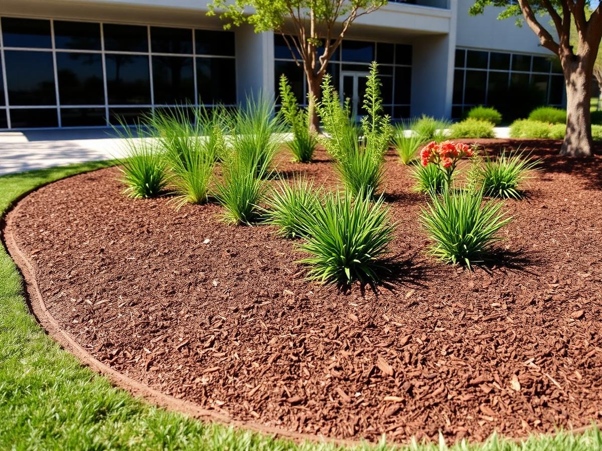 Freshly mulched bed with native grasses at an Austin office building