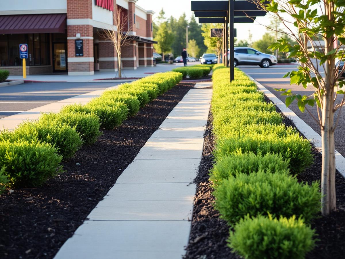 Newly mulched planting beds along a retail center walkway
