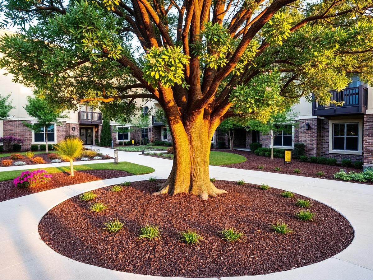 Fresh mulch ring around a mature live oak in an apartment courtyard